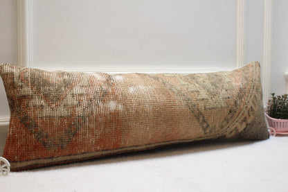 Vintage Turkish Rug Lumbar Pillow Cover: Red & Gray Organic Wool (12x36 in)
