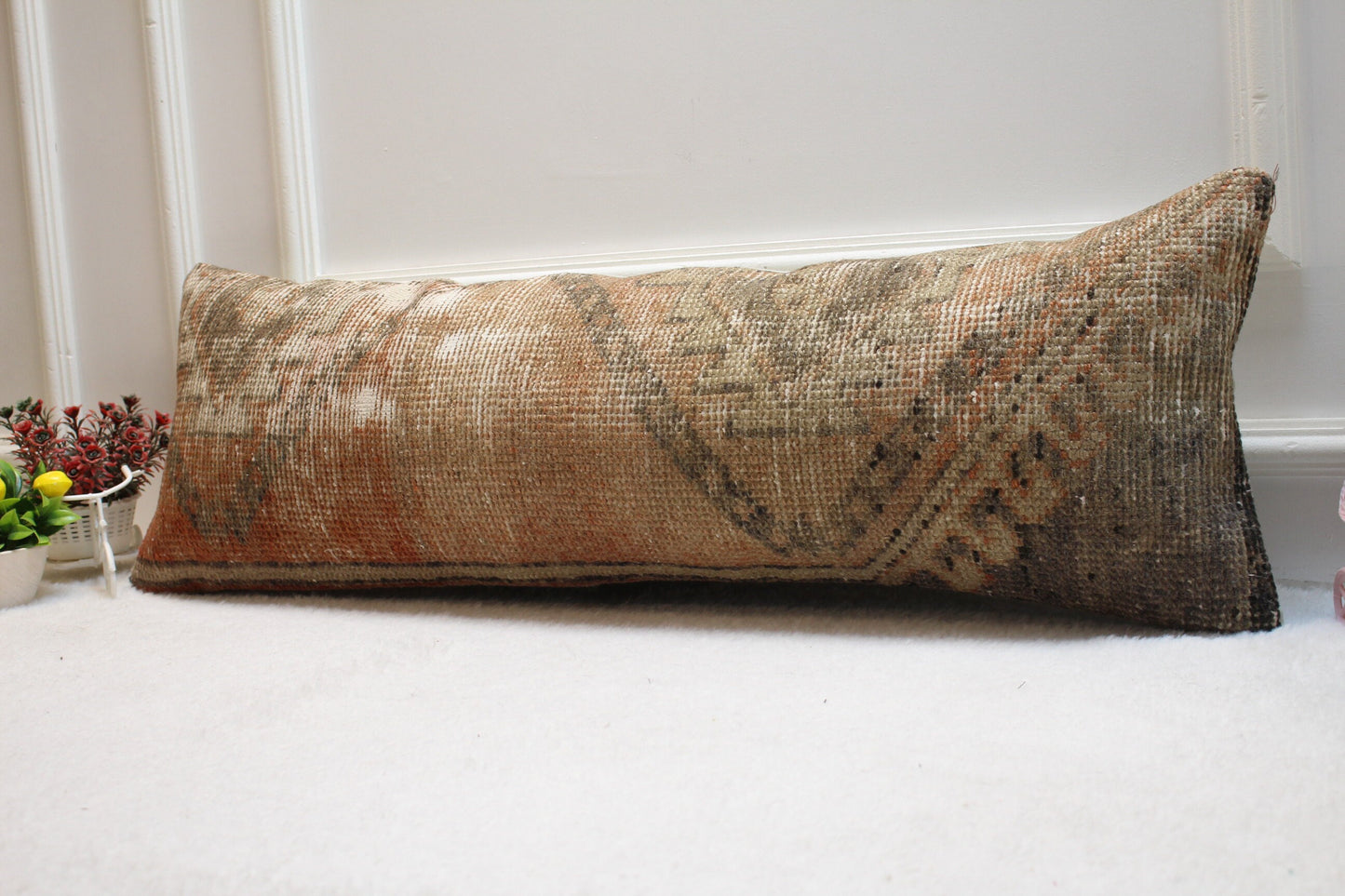 Vintage Turkish Rug Lumbar Pillow Cover: Red & Gray Organic Wool (12x36 in)
