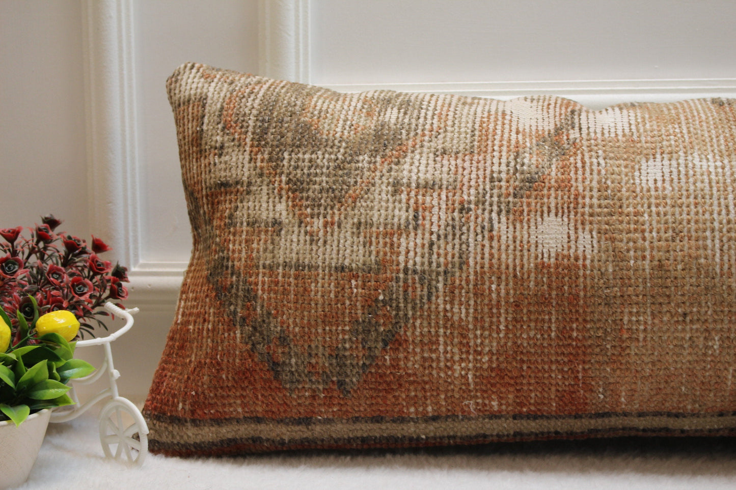 Vintage Turkish Rug Lumbar Pillow Cover: Red & Gray Organic Wool (12x36 in)