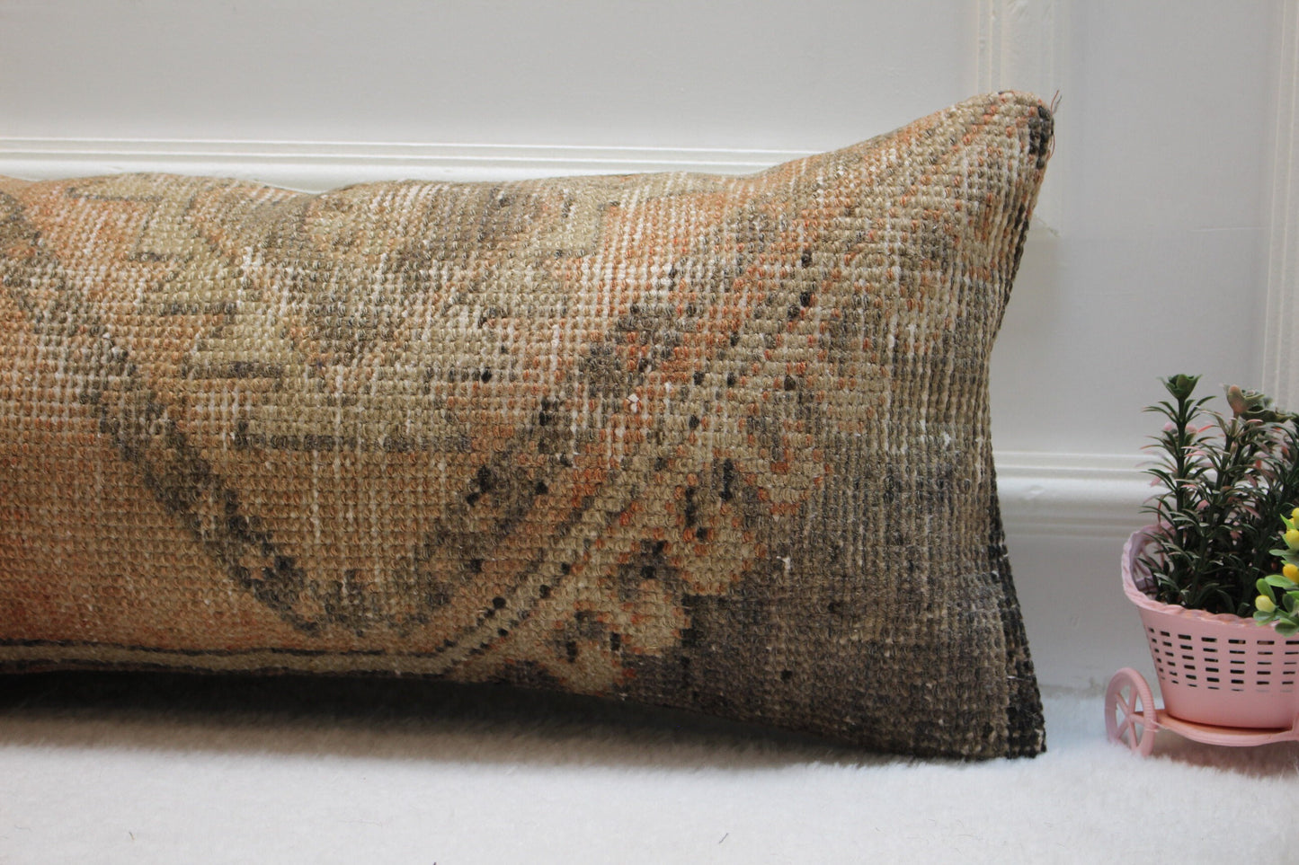 Vintage Turkish Rug Lumbar Pillow Cover: Red & Gray Organic Wool (12x36 in)
