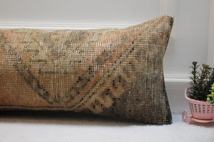 Vintage Turkish Rug Lumbar Pillow Cover: Red & Gray Organic Wool (12x36 in)