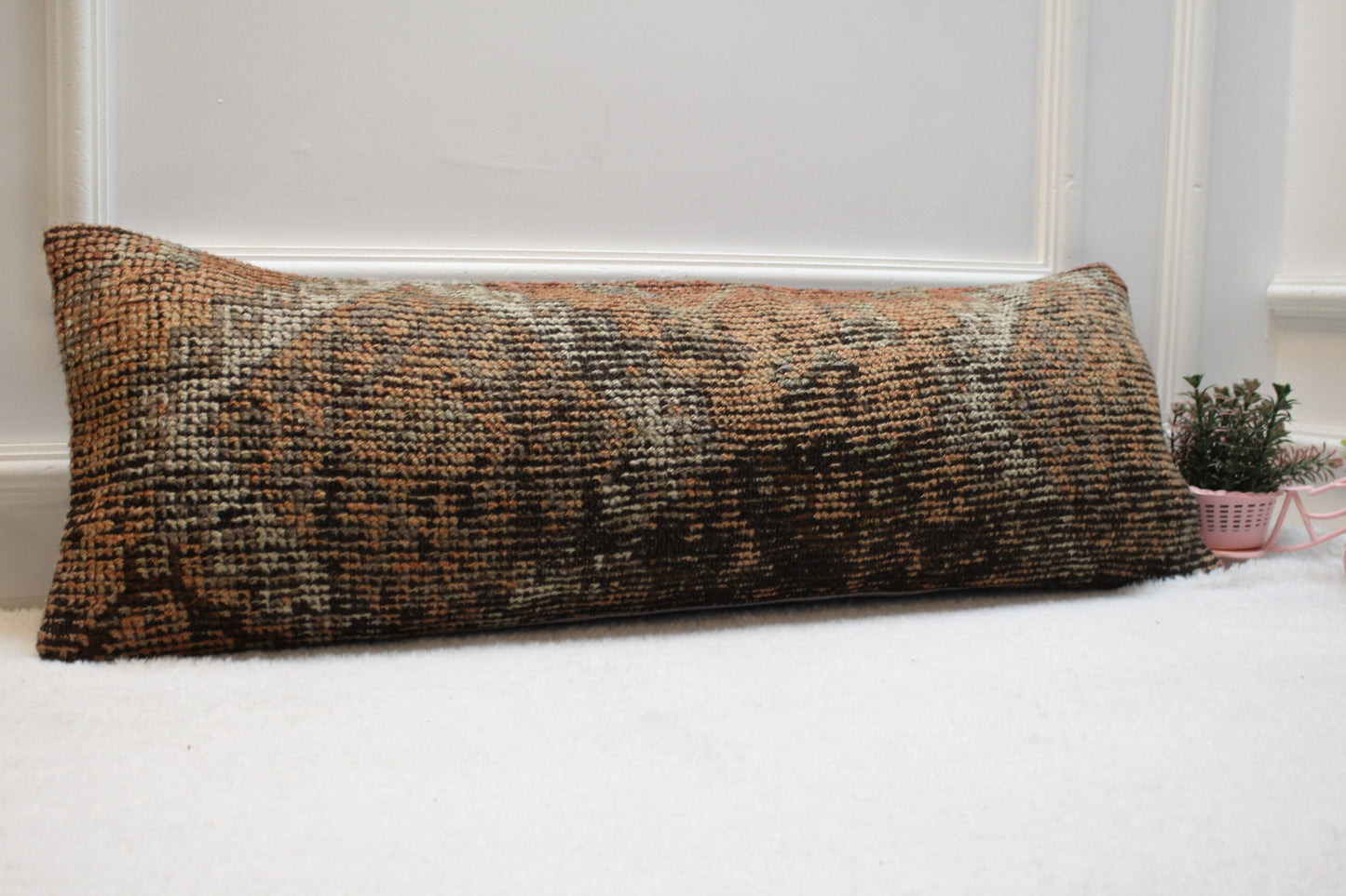 Red & Black Turkish Rug Lumbar Pillow Cover: Organic Wool Boho Design (12x36 in)