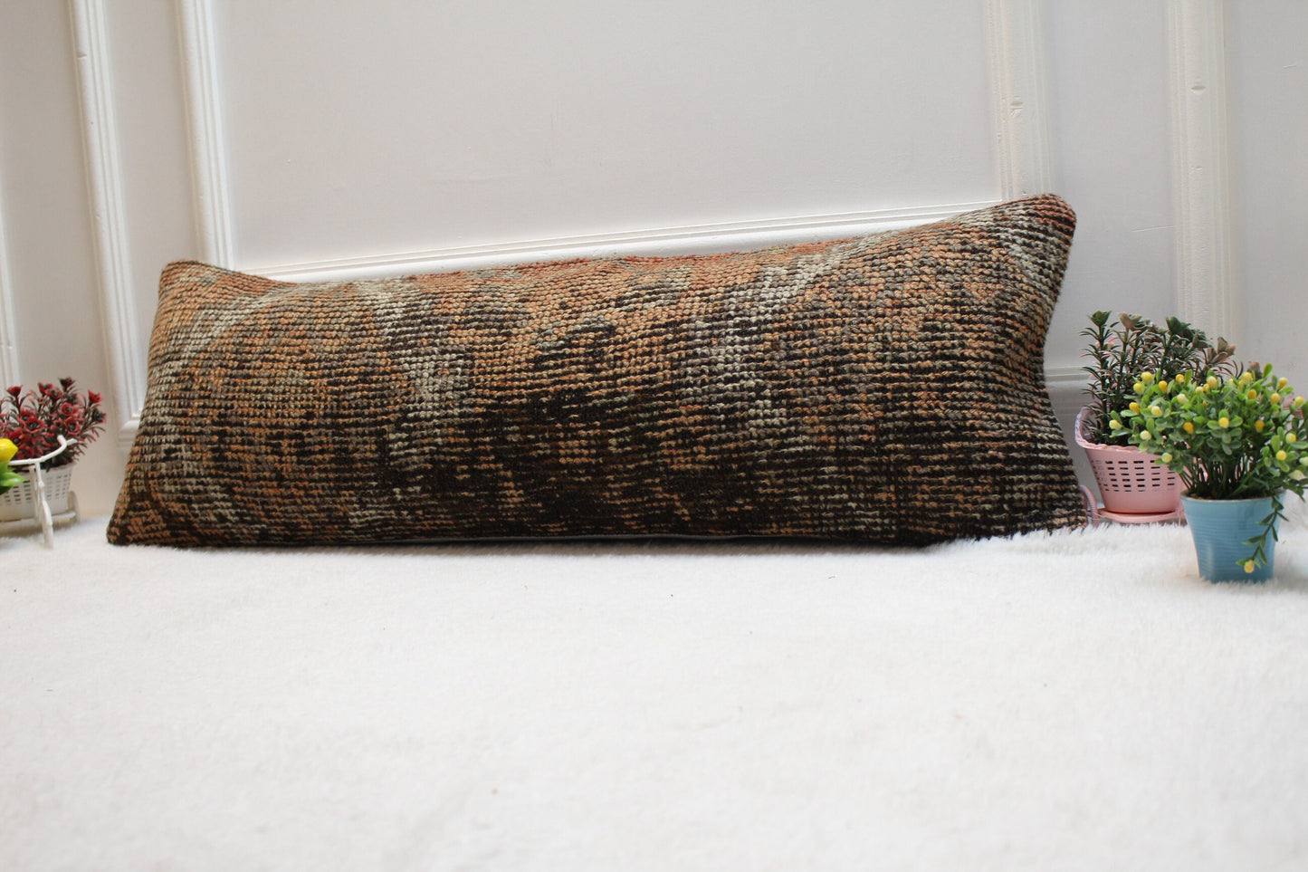 Red & Black Turkish Rug Lumbar Pillow Cover: Organic Wool Boho Design (12x36 in)