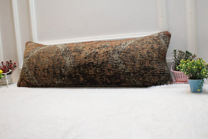 Red & Black Turkish Rug Lumbar Pillow Cover: Organic Wool Boho Design (12x36 in)