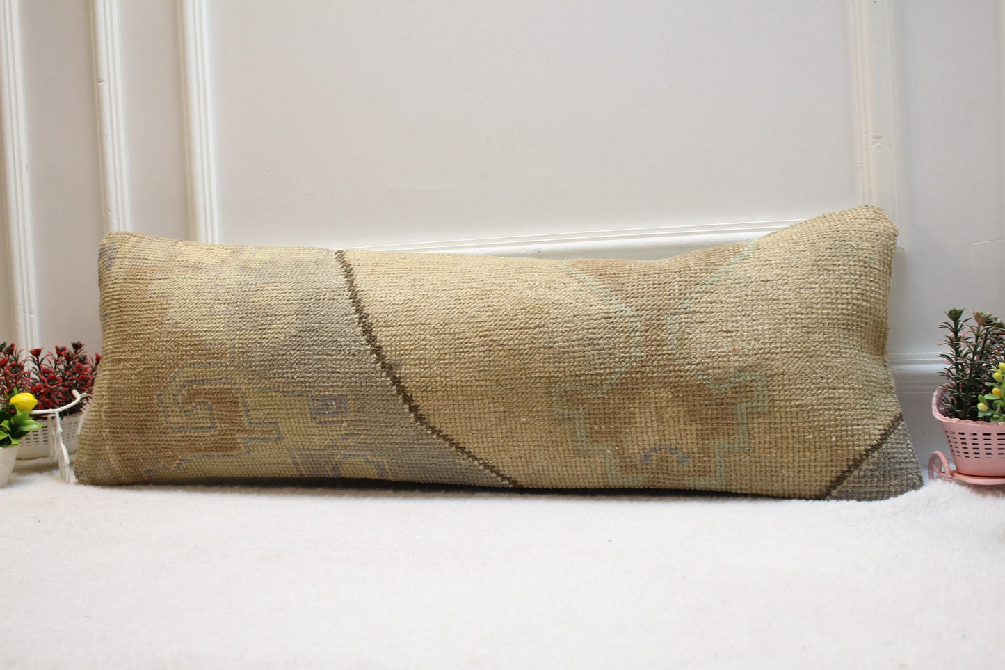 Beige Vintage Turkish Rug Lumbar Pillow Cover: Organic Wool, 12x36 inc