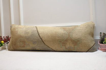 Beige Vintage Turkish Rug Lumbar Pillow Cover: Organic Wool, 12x36 inc