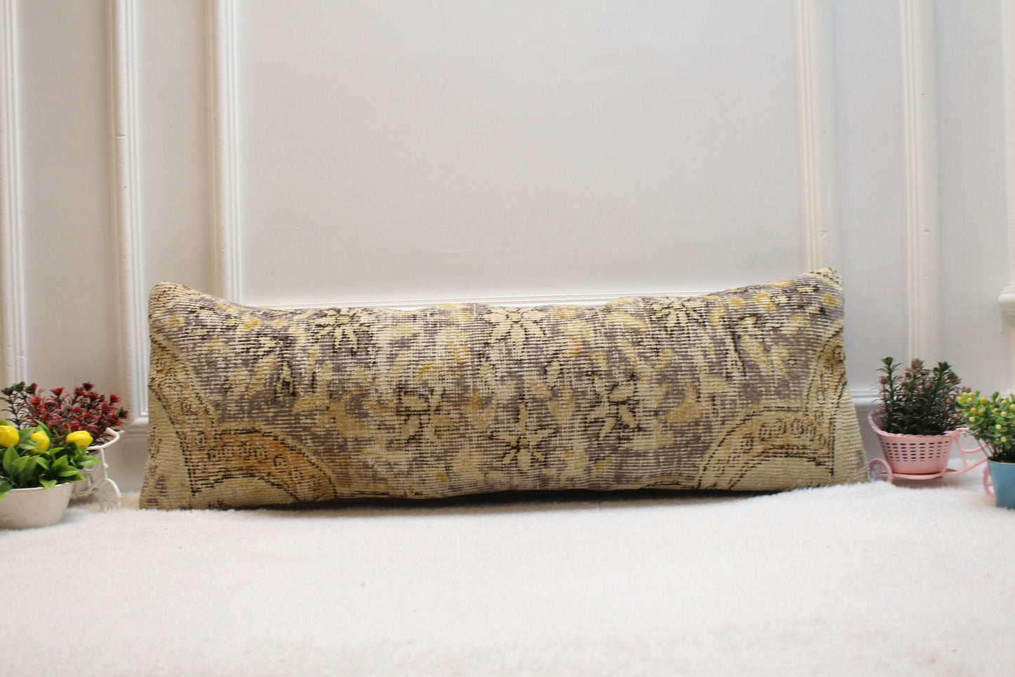 Floral Turkish Rug Lumbar Pillow Cover: Handmade Upcycled Kilim, 12x36