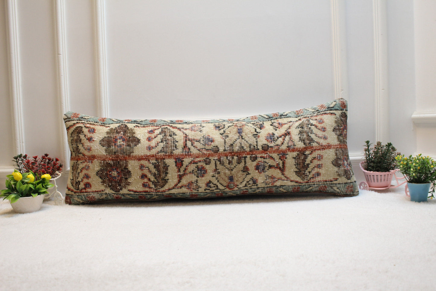 Handmade Turkish Rug Lumbar Pillow Cover: Floral Beige Wool (12x36 in)