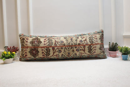 Handmade Turkish Rug Lumbar Pillow Cover: Floral Beige Wool (12x36 in)