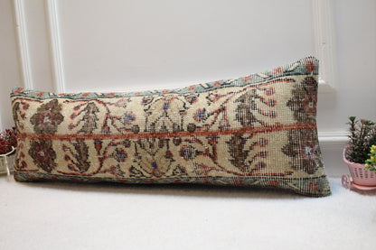 Handmade Turkish Rug Lumbar Pillow Cover: Floral Beige Wool (12x36 in)