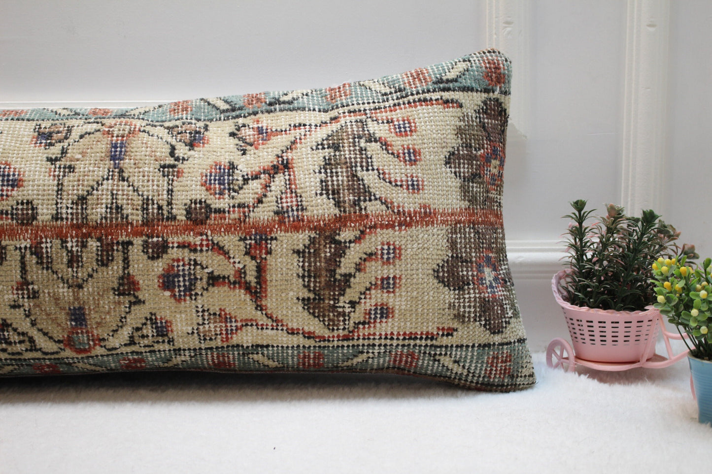Handmade Turkish Rug Lumbar Pillow Cover: Floral Beige Wool (12x36 in)