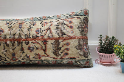Handmade Turkish Rug Lumbar Pillow Cover: Floral Beige Wool (12x36 in)
