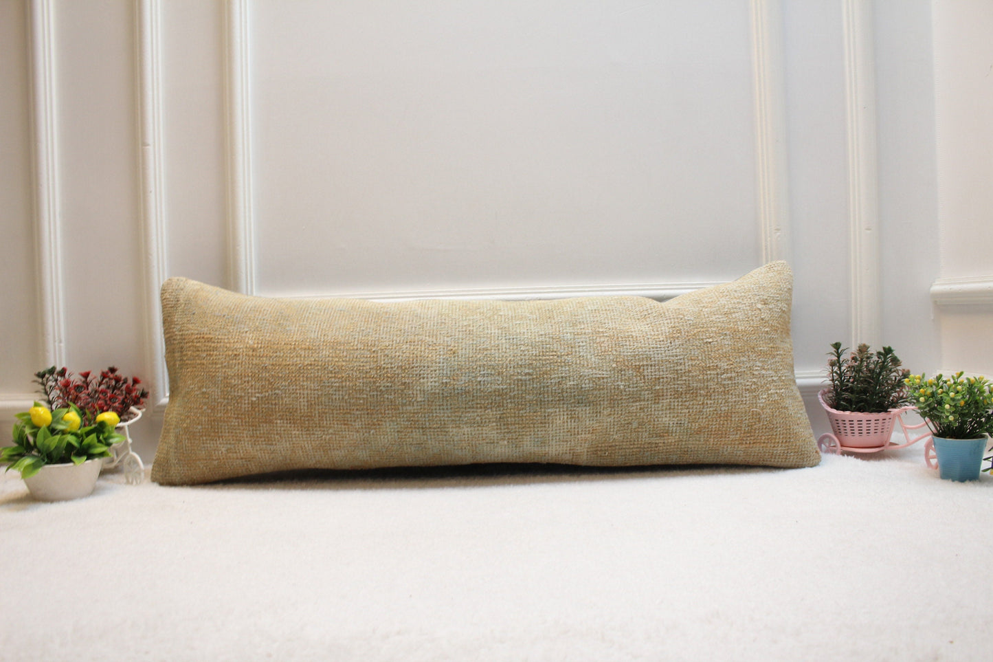 Handmade Turkish Rug Lumbar Pillow Cover: Upcycled Woven Wool, 12x36 inch