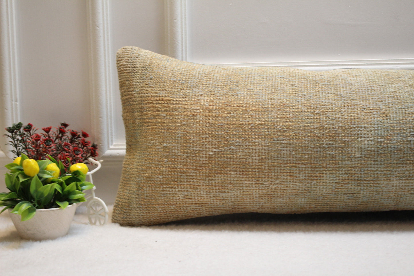 Handmade Turkish Rug Lumbar Pillow Cover: Upcycled Woven Wool, 12x36 inch