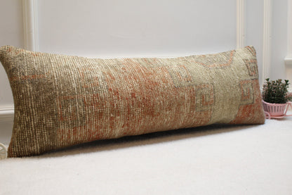 Vintage Turkish Rug Lumbar Pillow Cover: Boho Woven Wool (12x36 in)