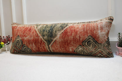 Vintage Turkish Rug Lumbar Pillow Cover: Red & Gray Wool, 12x36 inch