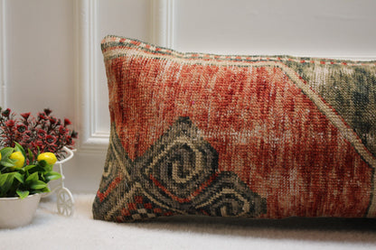 Vintage Turkish Rug Lumbar Pillow Cover: Red & Gray Wool, 12x36 inch