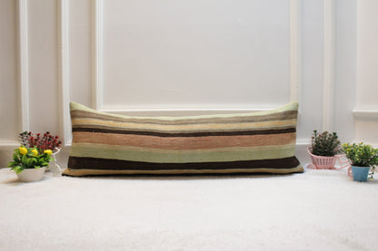Striped Kilim Lumbar Pillow Cover: 12x36 inch, Upcycled Woven Rug