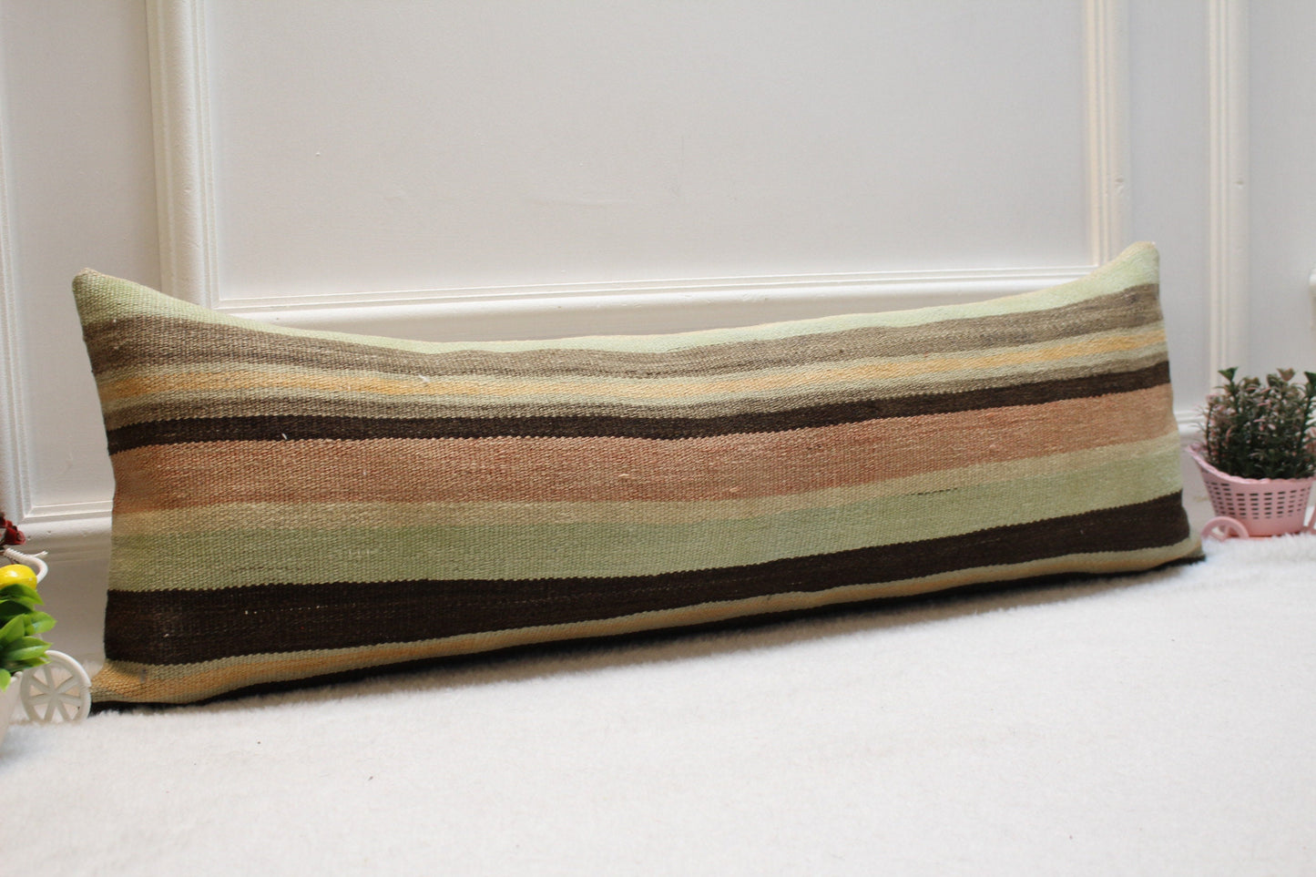 Striped Kilim Lumbar Pillow Cover: 12x36 inch, Upcycled Woven Rug