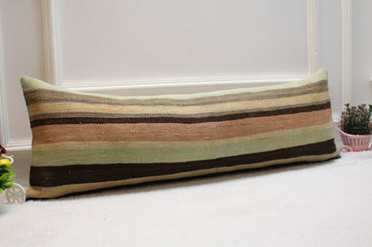Striped Kilim Lumbar Pillow Cover: 12x36 inch, Upcycled Woven Rug