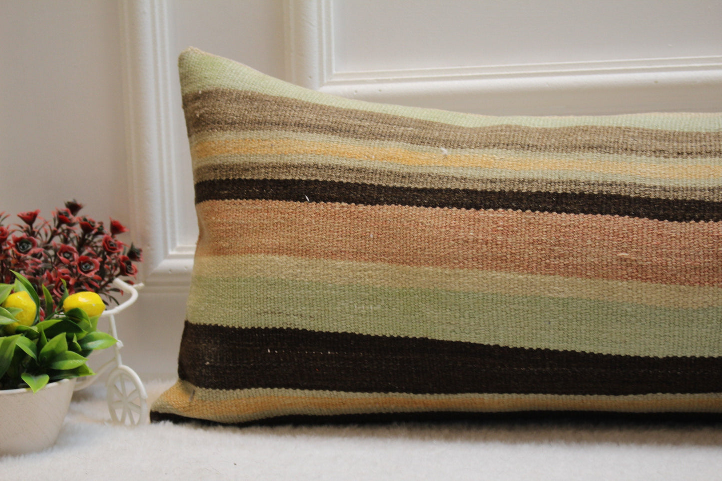 Striped Kilim Lumbar Pillow Cover: 12x36 inch, Upcycled Woven Rug