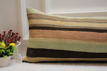 Striped Kilim Lumbar Pillow Cover: 12x36 inch, Upcycled Woven Rug