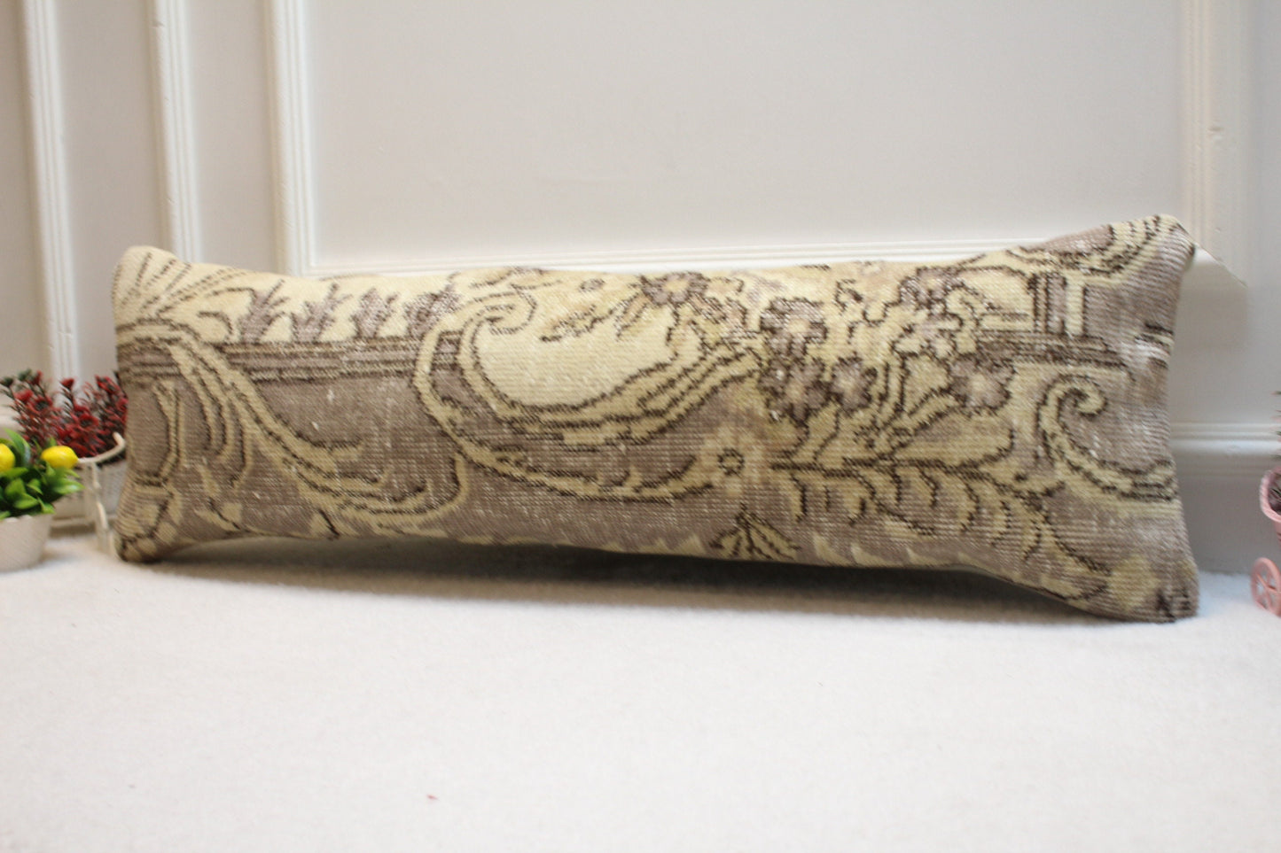 Handmade Floral Kilim Lumbar Pillow Cover: Upcycled Rug, 12x36 inch