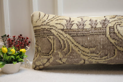 Handmade Floral Kilim Lumbar Pillow Cover: Upcycled Rug, 12x36 inch