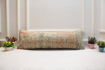 Beige Vintage Turkish Rug Pillow: Long Lumbar Pillow Cover (12x36 in)