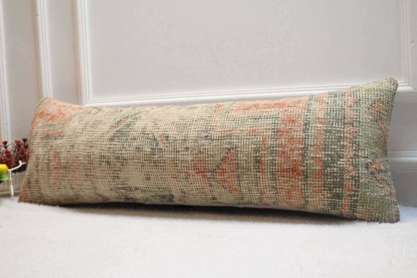 Beige Vintage Turkish Rug Pillow: Long Lumbar Pillow Cover (12x36 in)