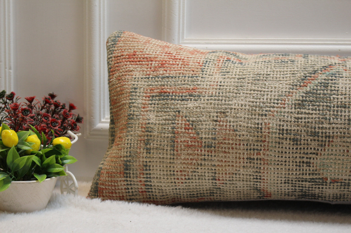 Beige Vintage Turkish Rug Pillow: Long Lumbar Pillow Cover (12x36 in)