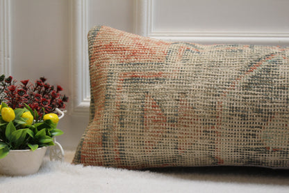 Beige Vintage Turkish Rug Pillow: Long Lumbar Pillow Cover (12x36 in)
