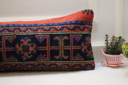 Handmade Long Lumbar Kilim Pillow Cover: Organic Wool Turkish Rug