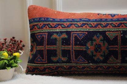 Handmade Long Lumbar Kilim Pillow Cover: Organic Wool Turkish Rug