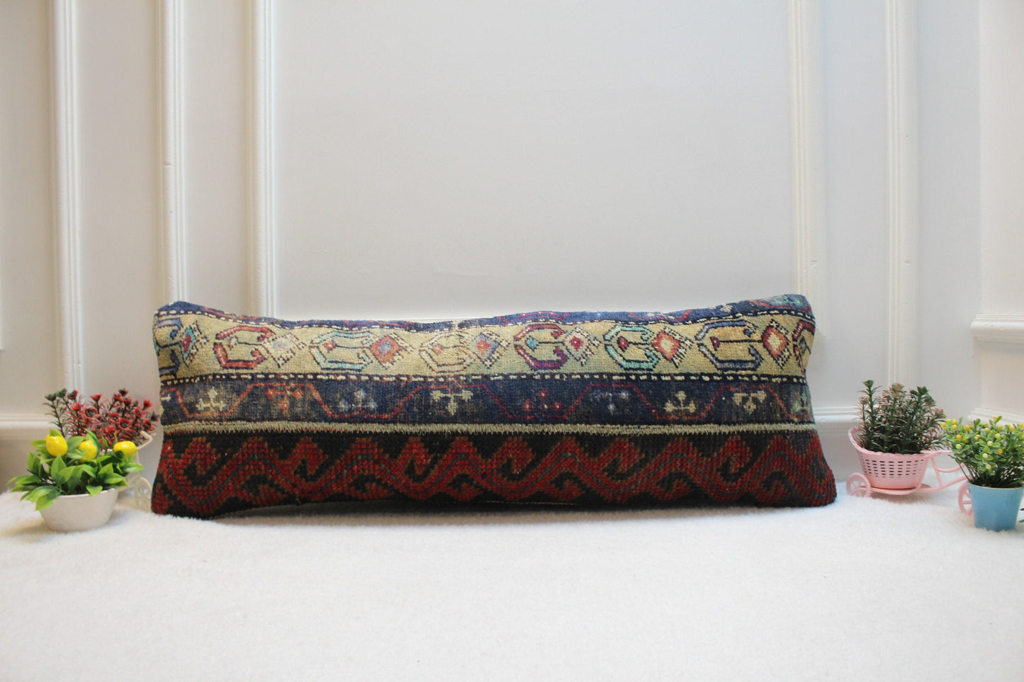 Lumbar Kilim Pillow Cover: Organic Wool, Boho Rug Pillow (12x36 inc.)