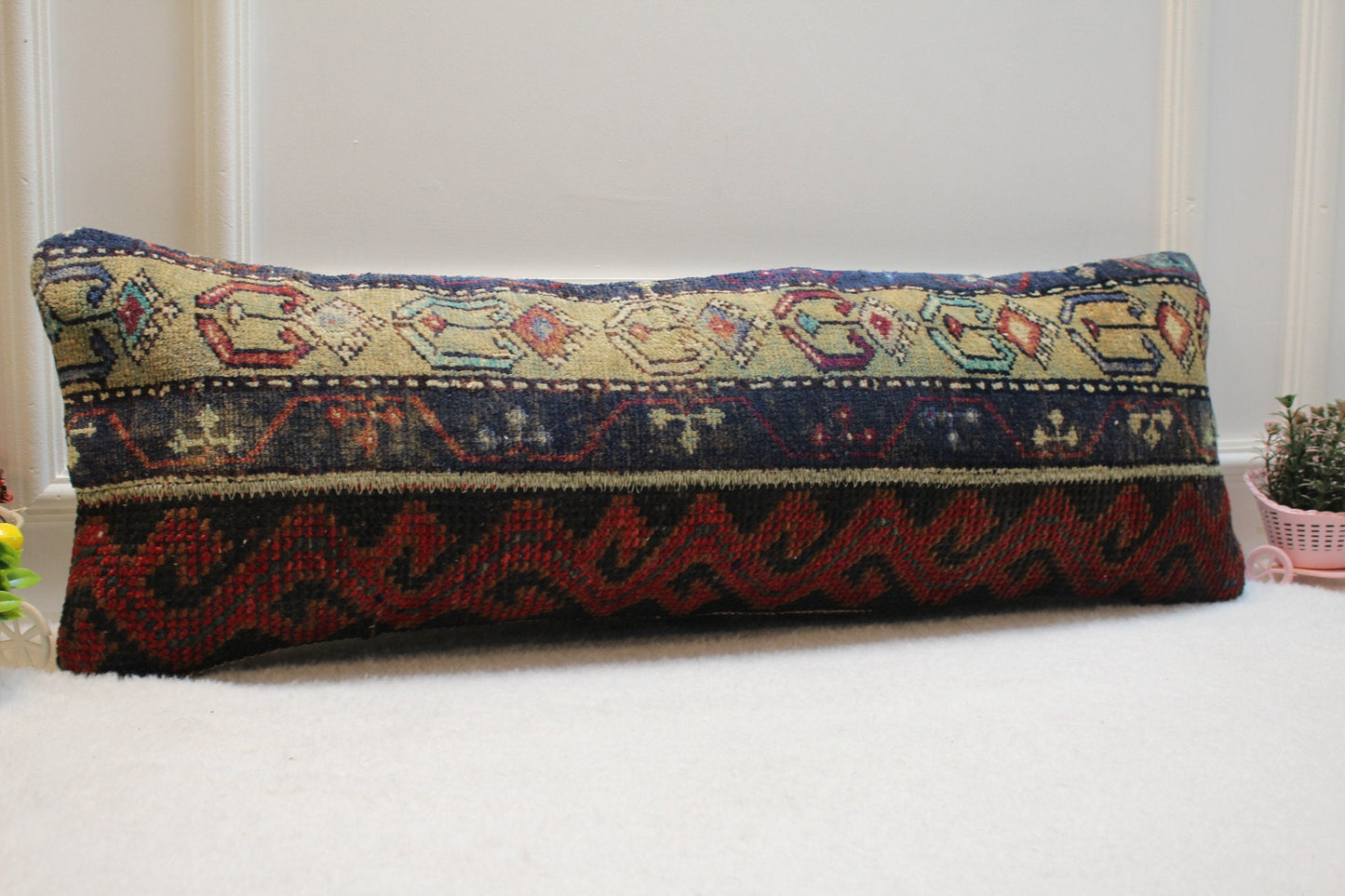 Lumbar Kilim Pillow Cover: Organic Wool, Boho Rug Pillow (12x36 inc.)