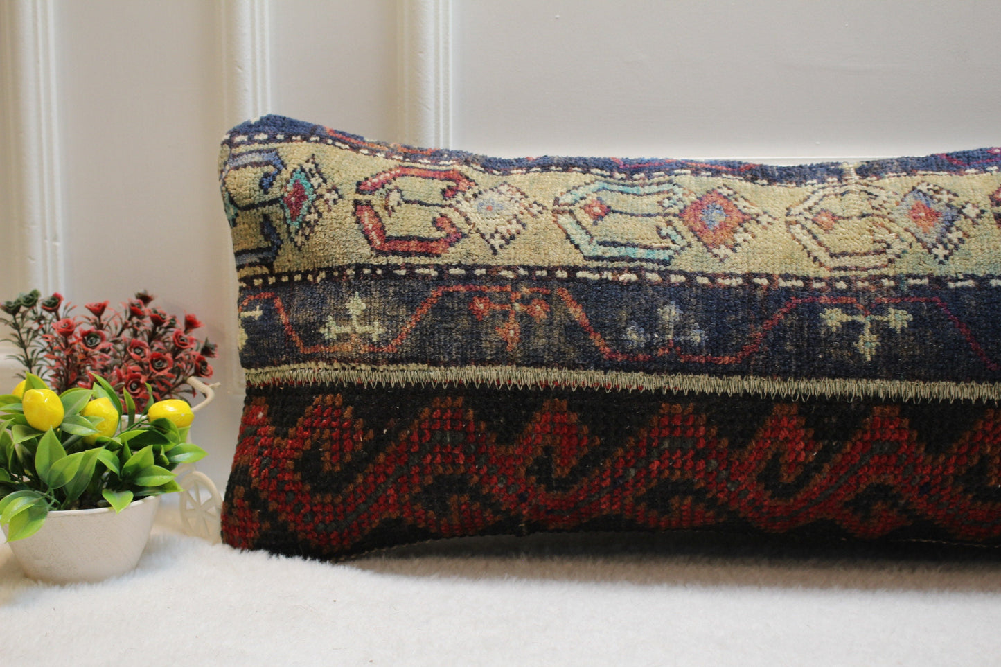 Lumbar Kilim Pillow Cover: Organic Wool, Boho Rug Pillow (12x36 inc.)