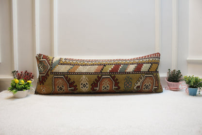 Handmade Geometric Kilim Lumbar Pillow Cover: Organic Wool Boho Design (12x36 in)