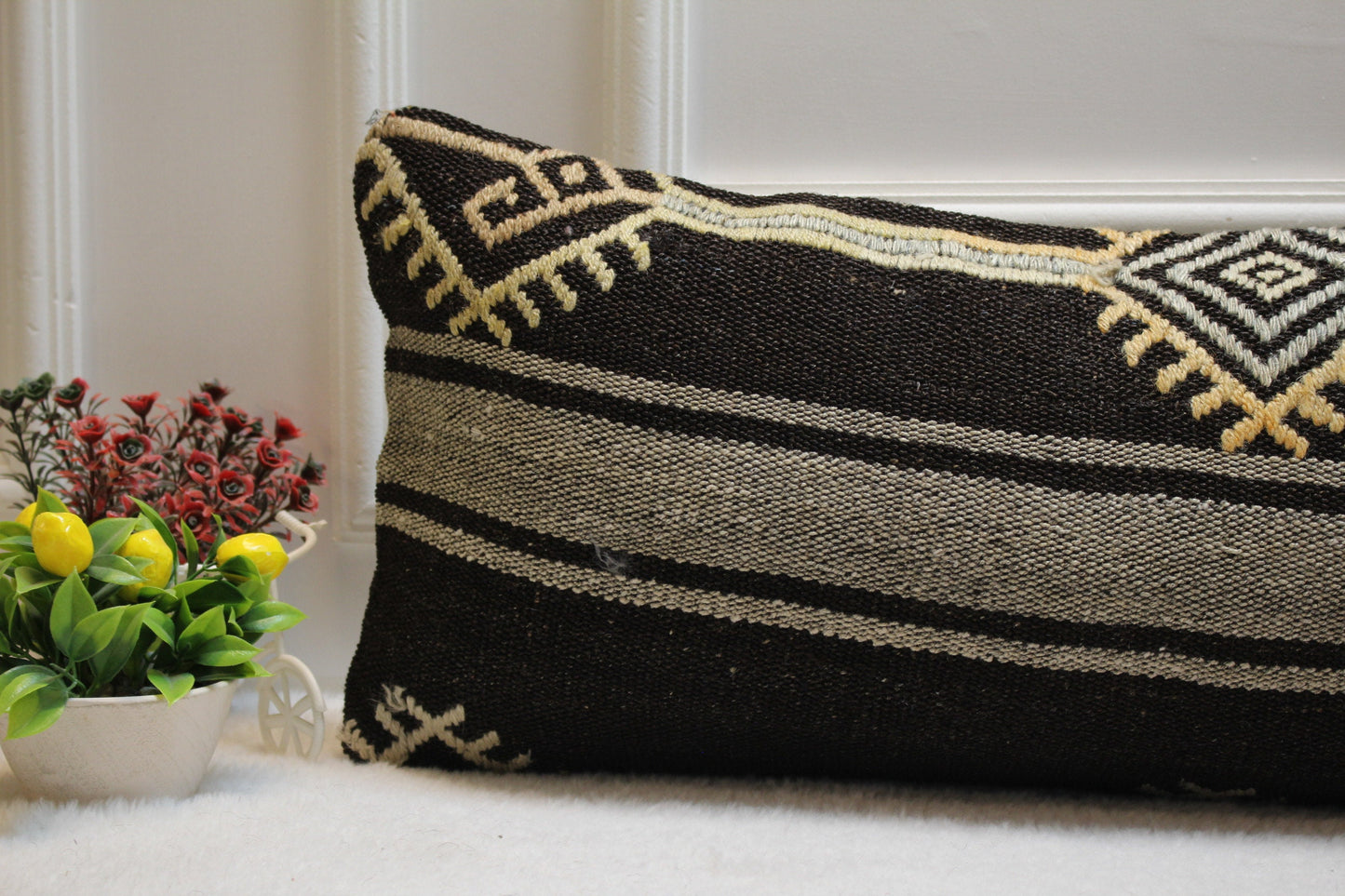 Ethnic Kilim Lumbar Pillow Cover: Organic Wool, 12x36 inch