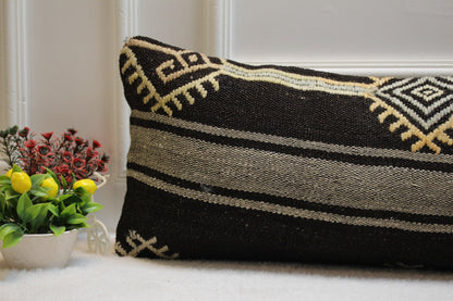 Ethnic Kilim Lumbar Pillow Cover: Organic Wool, 12x36 inch