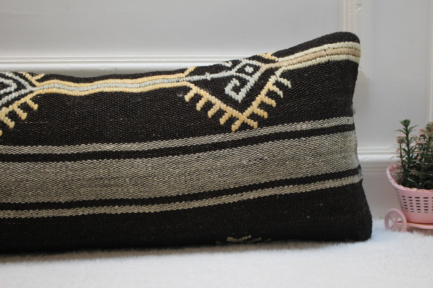 Ethnic Kilim Lumbar Pillow Cover: Organic Wool, 12x36 inch