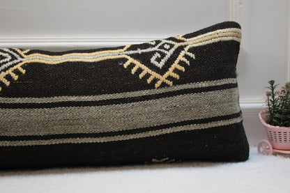Ethnic Kilim Lumbar Pillow Cover: Organic Wool, 12x36 inch