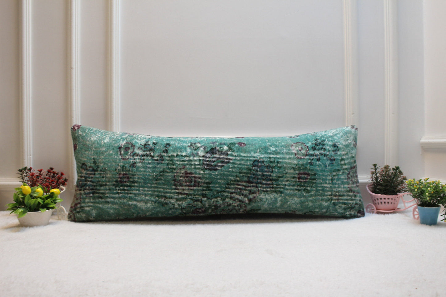 Green Wool Lumbar Pillow Cover: Vintage Anatolian Rug, 12x36 inch