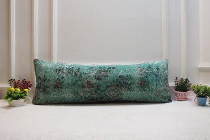 Green Wool Lumbar Pillow Cover: Vintage Anatolian Rug, 12x36 inch