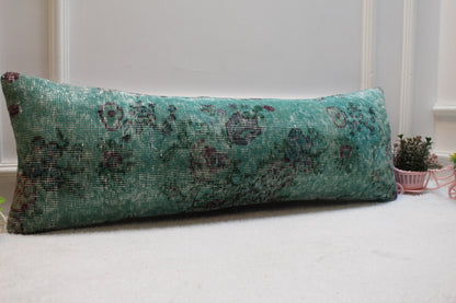 Green Wool Lumbar Pillow Cover: Vintage Anatolian Rug, 12x36 inch