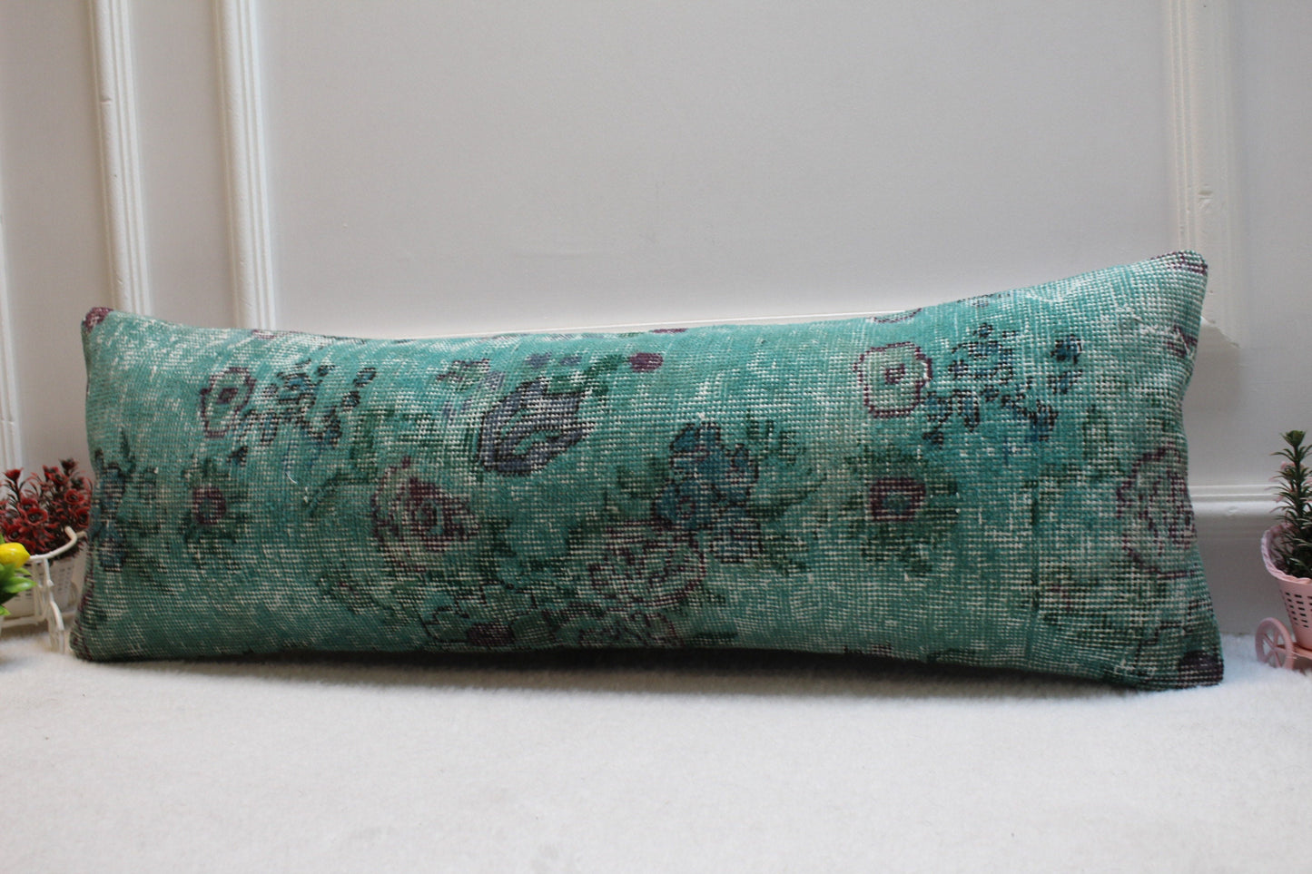 Green Wool Lumbar Pillow Cover: Vintage Anatolian Rug, 12x36 inch