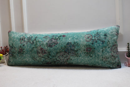 Green Wool Lumbar Pillow Cover: Vintage Anatolian Rug, 12x36 inch