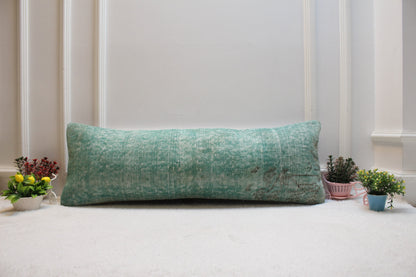 Green Vintage Rug Lumbar Pillow Cover: Organic Wool, 12x36 inch