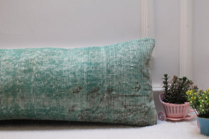 Green Vintage Rug Lumbar Pillow Cover: Organic Wool, 12x36 inch