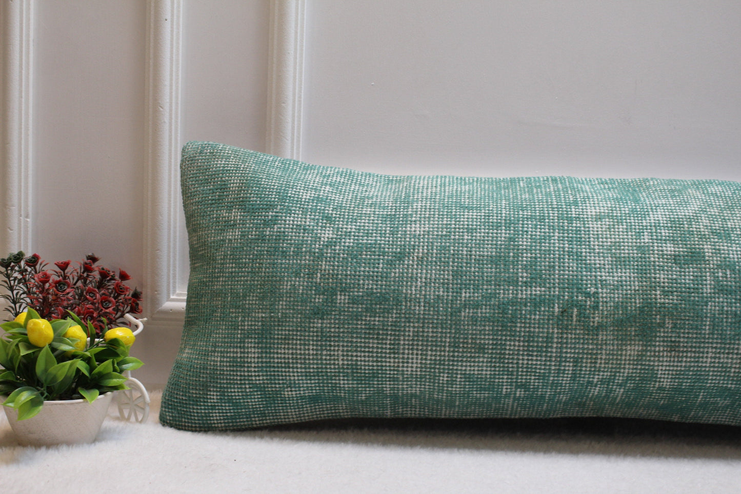 Green Vintage Rug Lumbar Pillow Cover: Organic Wool, 12x36 inch